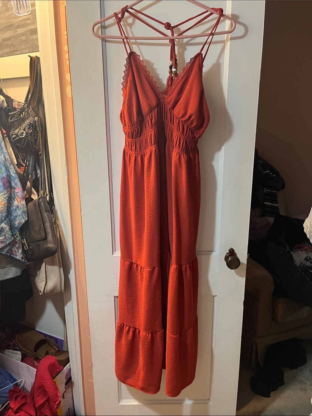 Rust Orange Maxi Dress with Lace Trim and Strappy Back